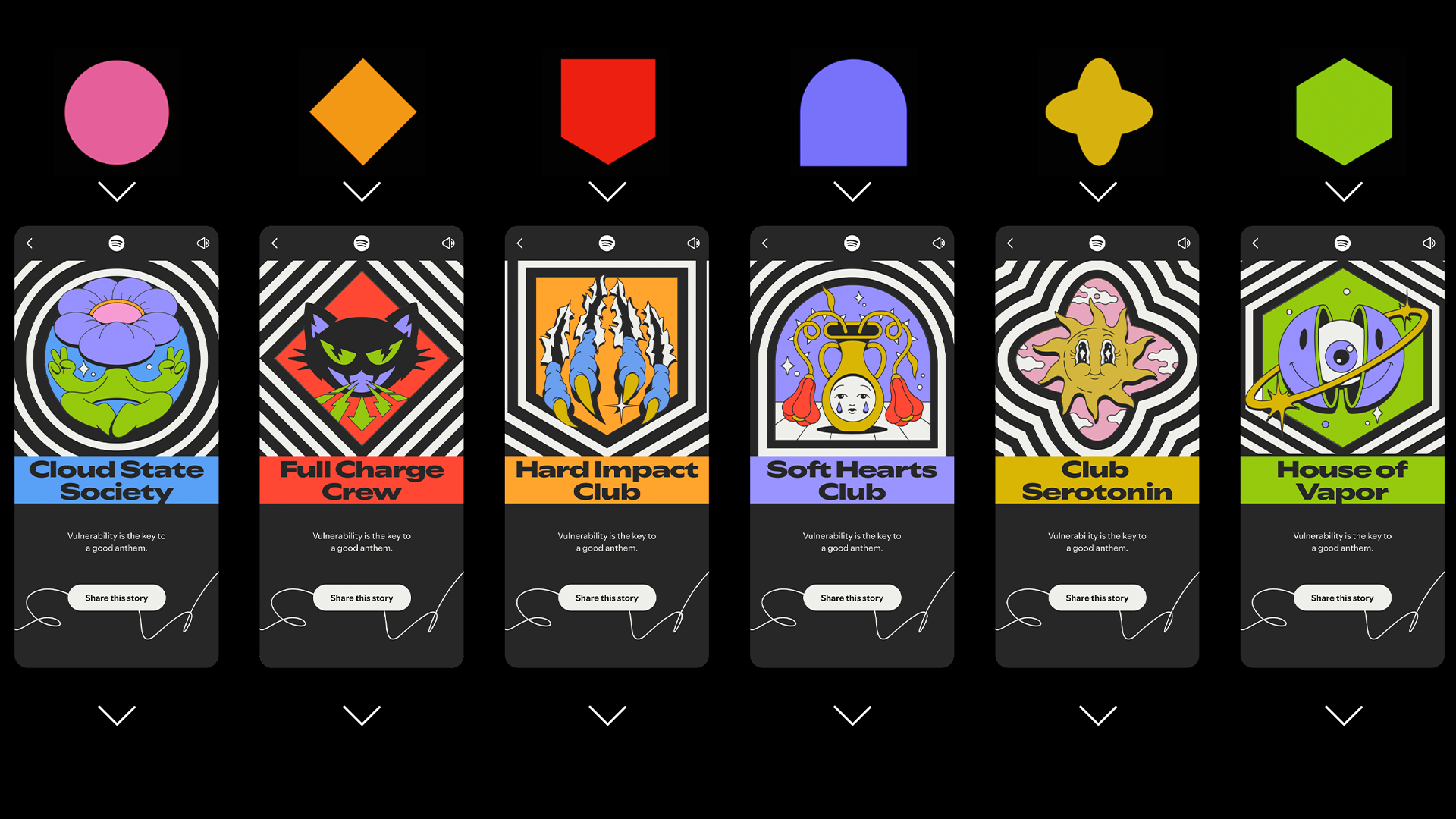 Six digital cards with colorful icons and titles representing different music bands and themes, including 'Cloud State Society,' 'Full Charge Crew,' 'Hard Impact Club,' 'Soft Hearts Club,' 'Club Serotonin,' and 'House of Vapor.' Each card has an illustration and a tagline about vulnerability.