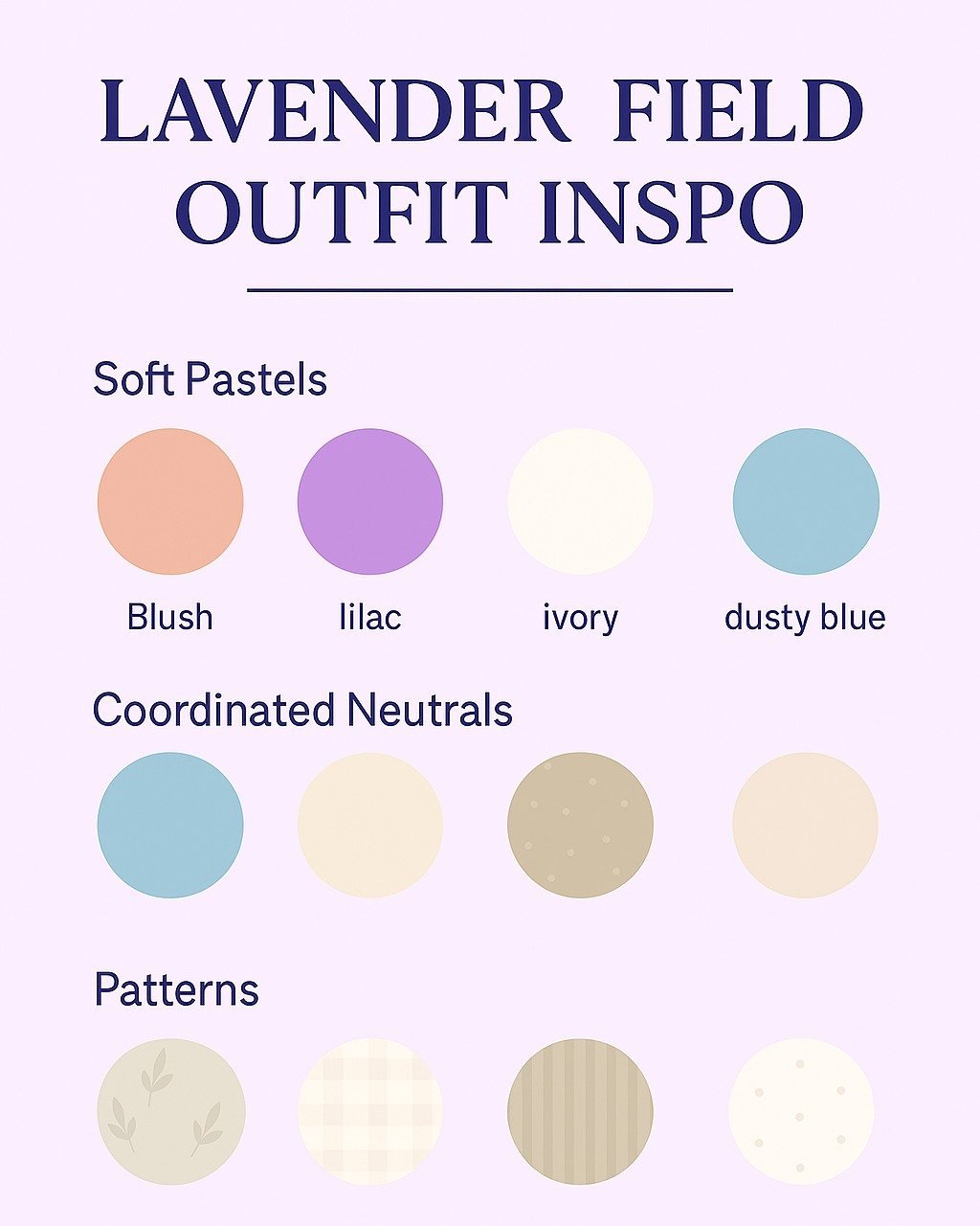 Lavender Field Outfit Inspiration πͺ»β¨
Stepping into the blooms for your family session? Let’s make sure your outfits match the magic of the moment. Here are a few ideas that always photograph beautifully:
π¨ Color Harmony
Soft pastels like blus