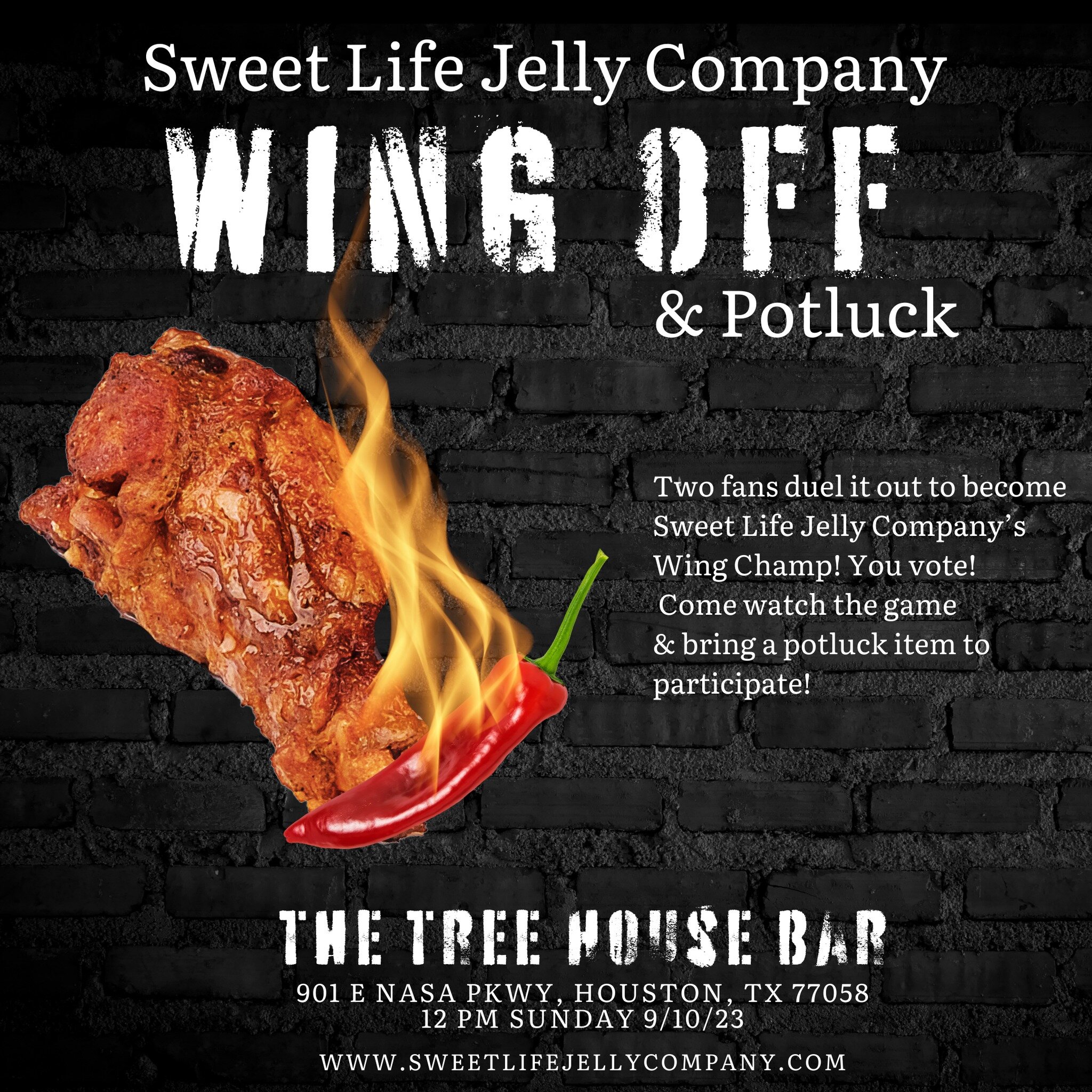 SWEET LIFE JELLY COMPANY'S WING OFF &amp; POTLUCK

🍗🔥 Get ready for the ultimate showdown at the Sweet Life Jelly Company's Wing Off and Potluck! 🍯🌶️

👨&zwj;🍳👩&zwj;🍳 The Wing-Off: Two die-hard fans will go head-to-head to create the most mout
