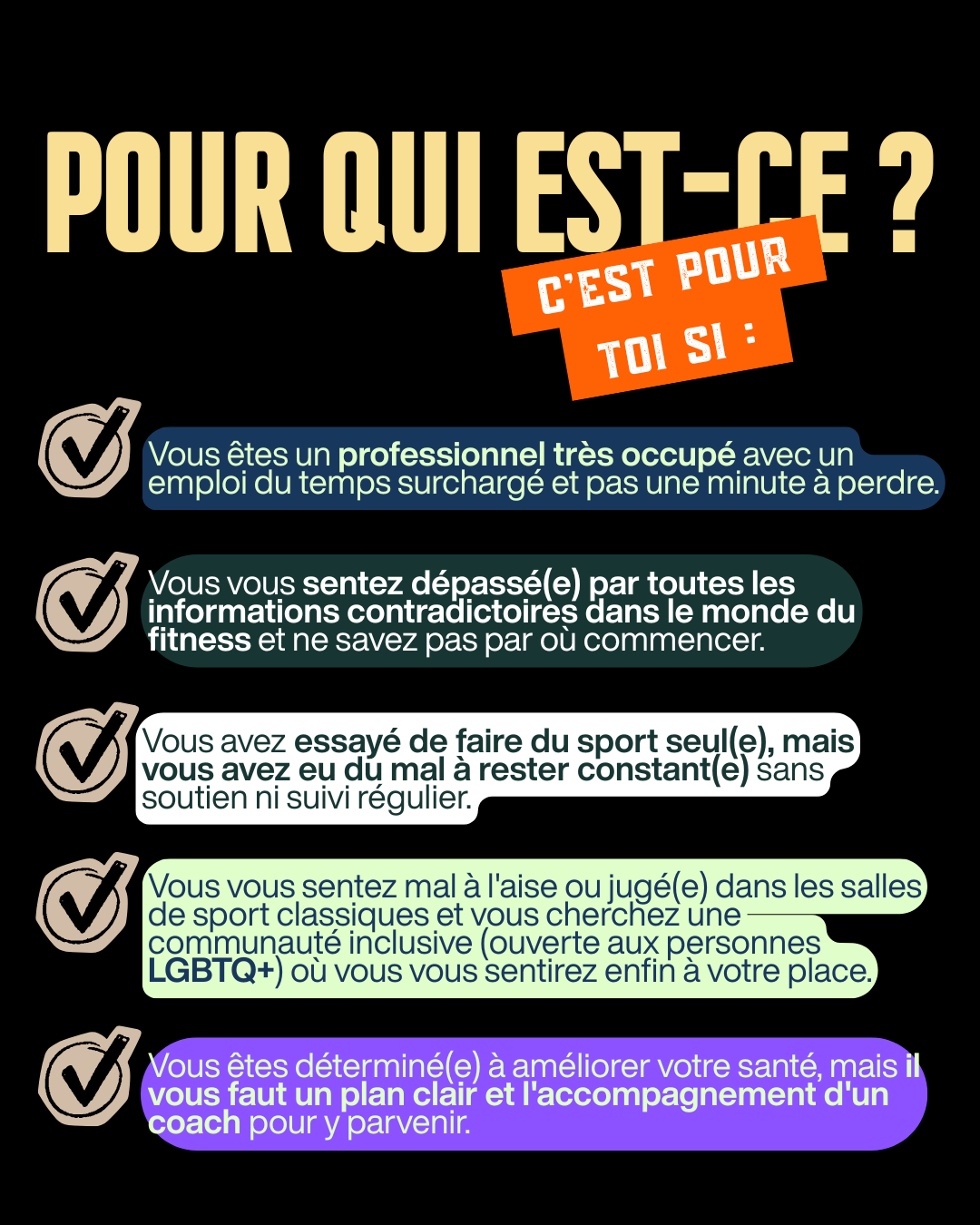 French-language graphic with questions and check marks about fitness and health, including being busy, feeling overwhelmed, trying to exercise alone, feeling out of place, and needing a coach.