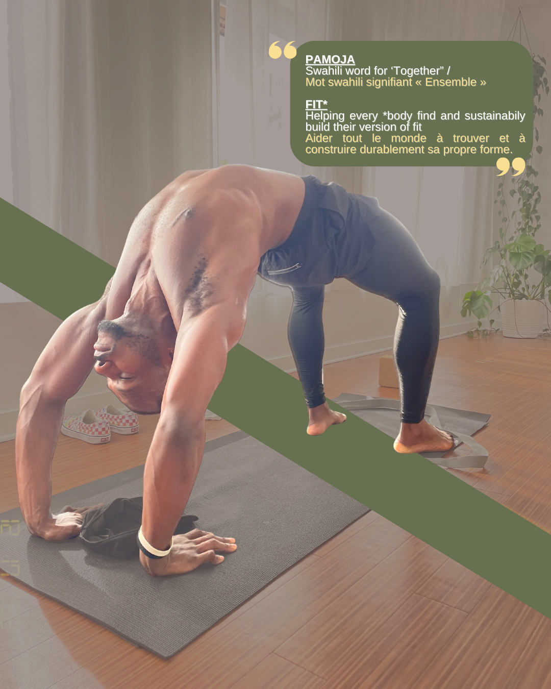 A man in athletic clothing practicing yoga indoors on a mat, positioned in a downward dog pose with his head tilted down and hands and feet on the mat. There are houseplants and a window in the background, with sunlight illuminating the room. A green text box contains definitions for the Swahili words "PAMOJA" meaning "Together" and "FIT" meaning helping bodies find and sustain fitness.