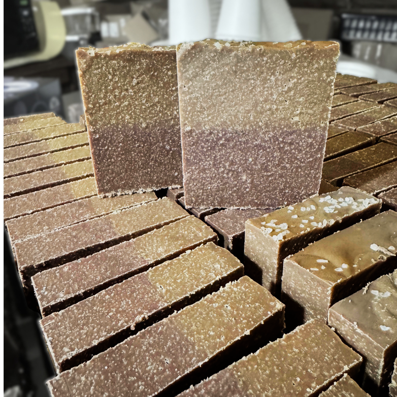 Sea Salt Caramel Truffle goat milk soap bars on display