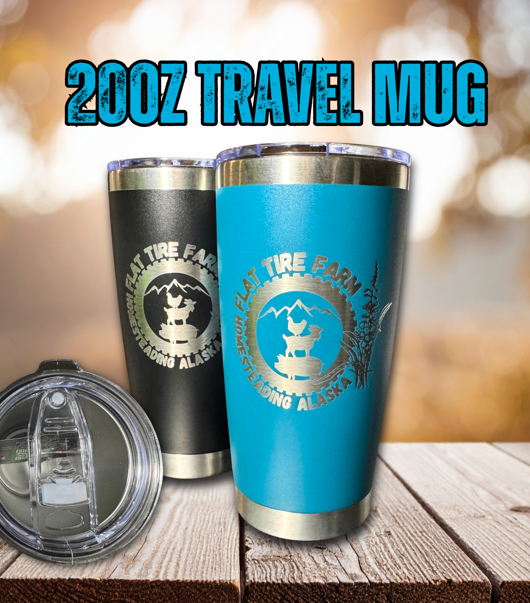 Black and teal Flat Tire Farm 20-ounce travel mugs