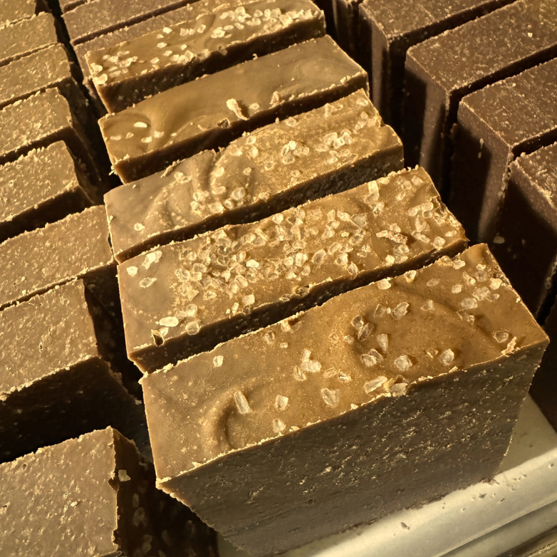 1. Close-up of Sea Salt Caramel Truffle goat milk soap bars