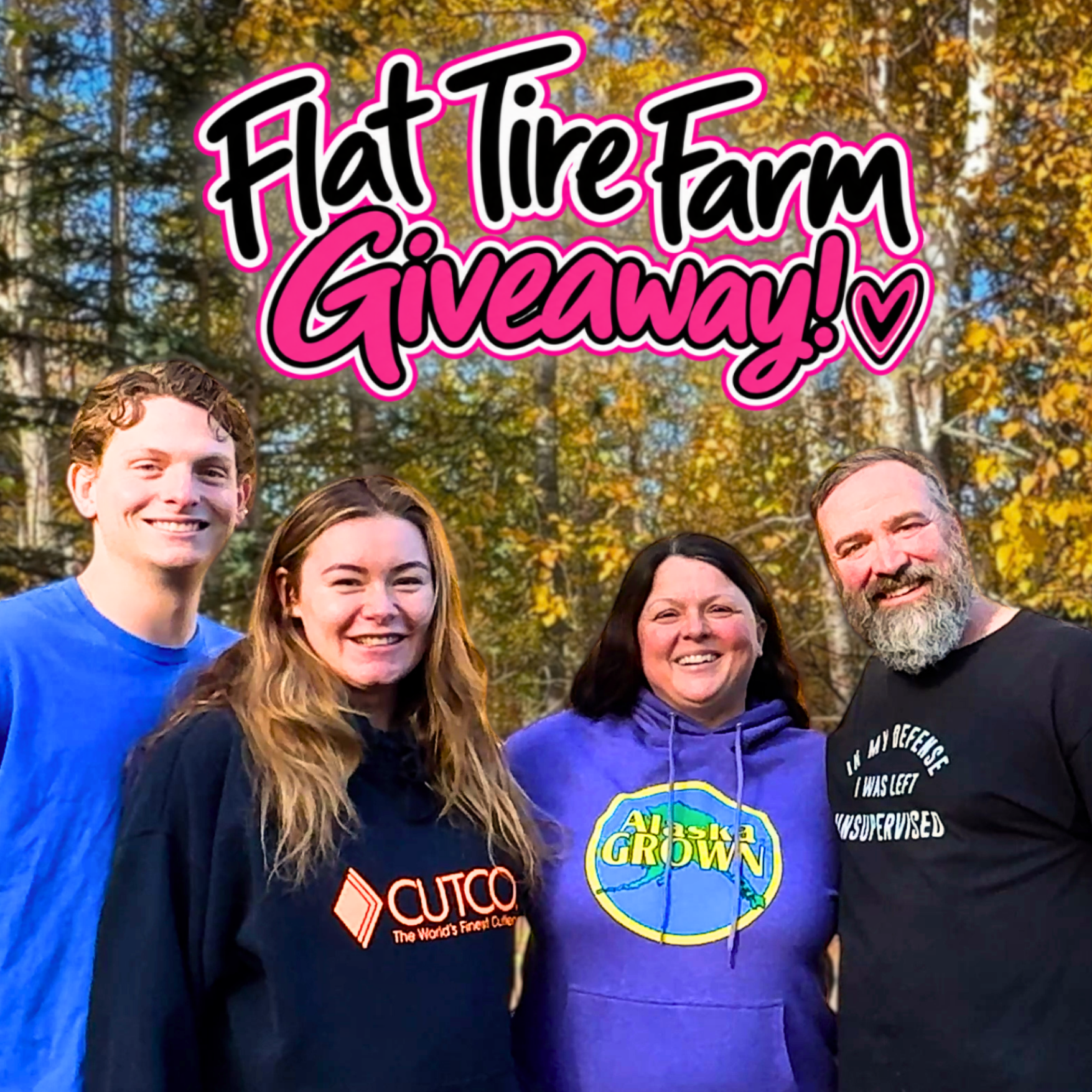 Roman, Peyton, Chrystal, and Reeve smiling in front of a fall backdrop with "Flat Tire Farm Giveaway" Text above them.