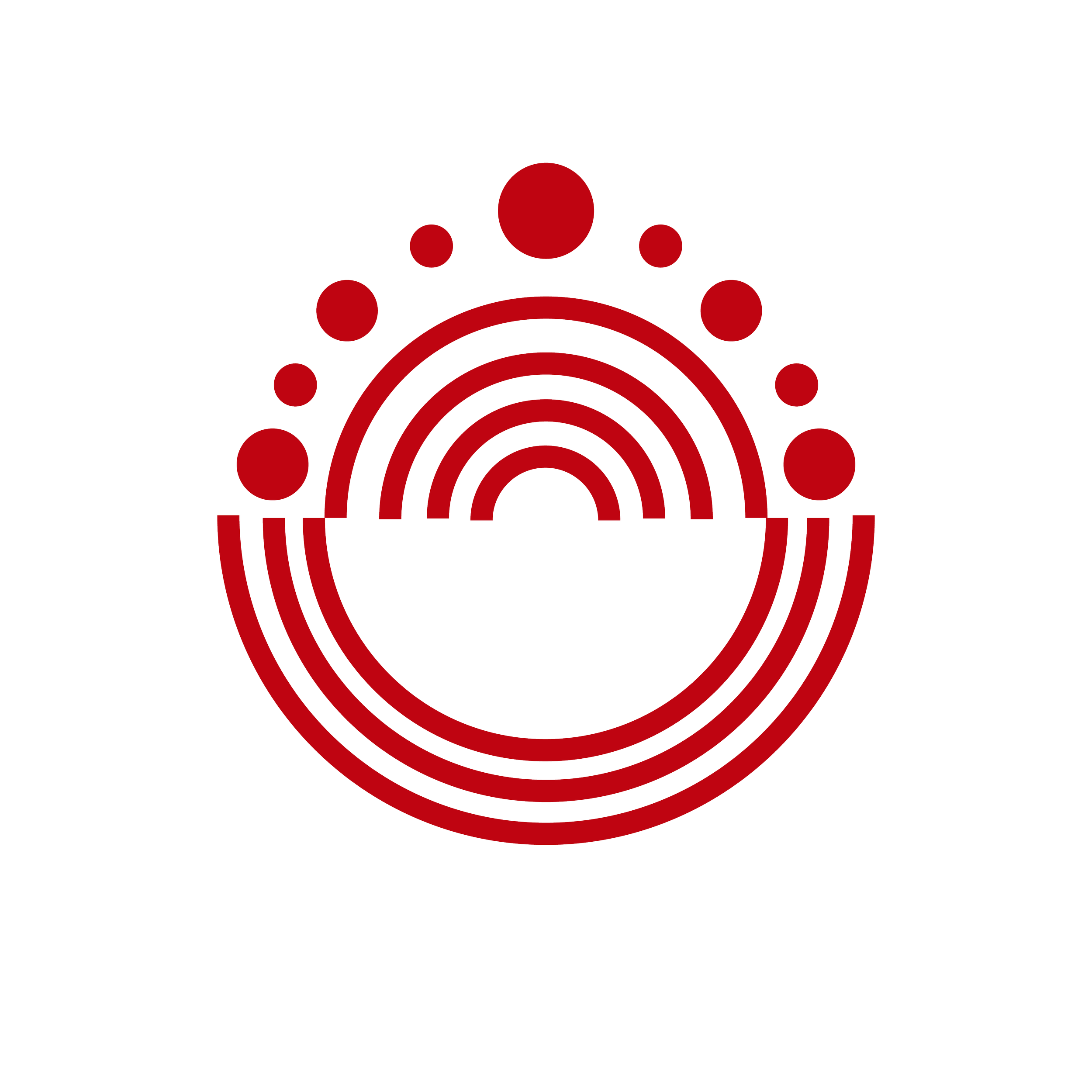 Graphic of a speedometer with red and white sections, and small white circles at three points along the arcs.