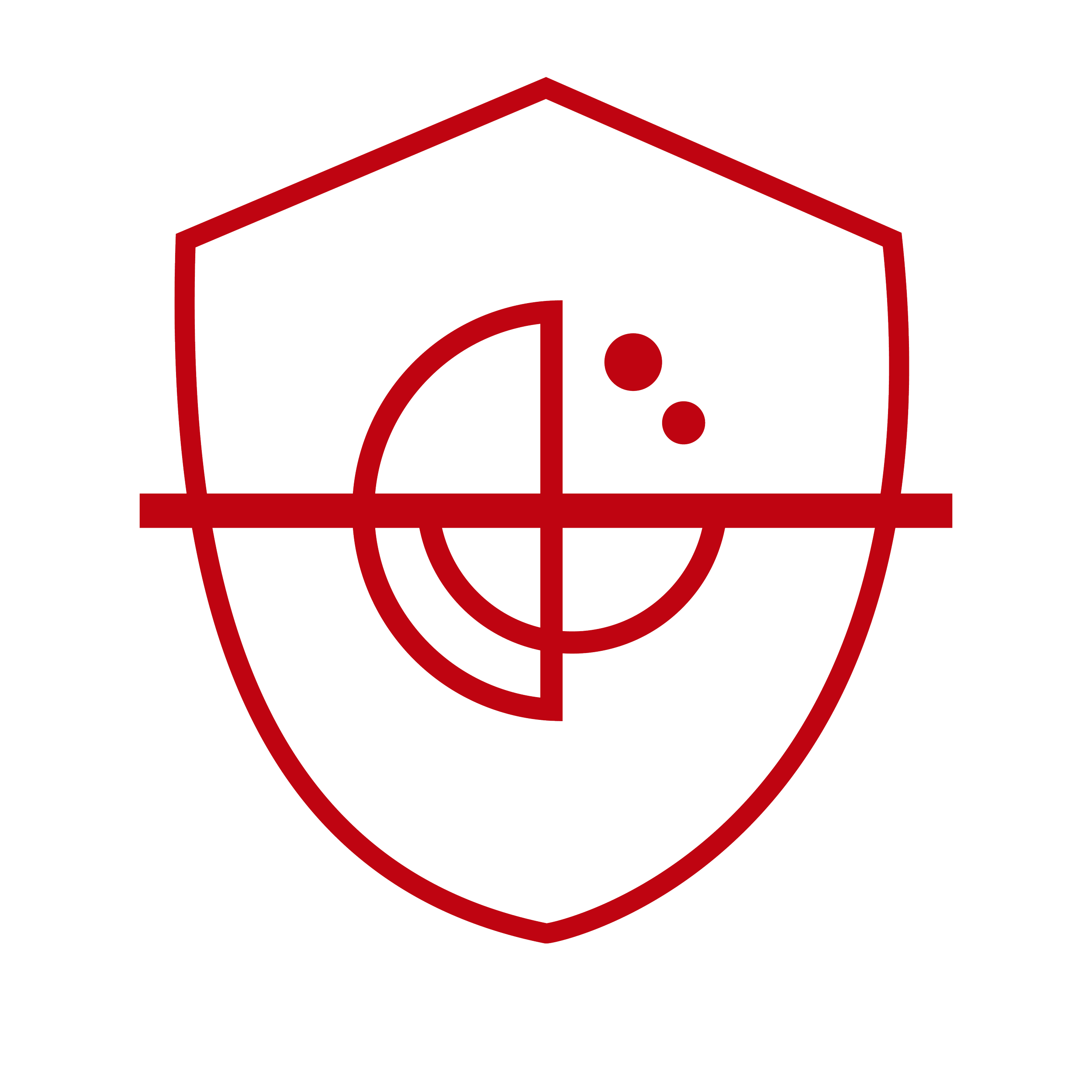 A stylized logo of a shield with a basketball court design, including a hoop, in black, white, and red colors.