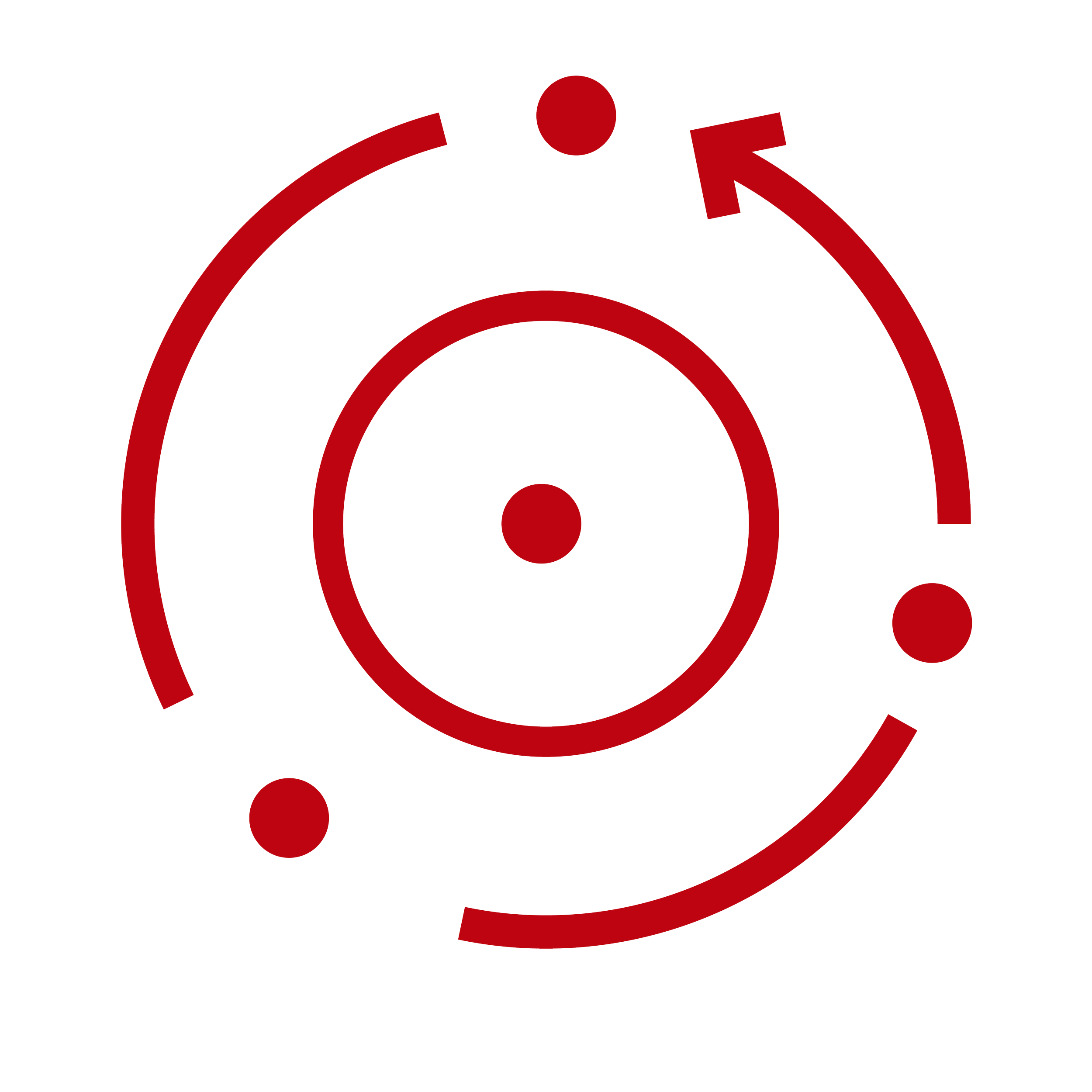 A circular diagram with a black background, featuring concentric circles and arrows. The innermost circle is white, with a red circle around it, and outer circles in black and white. Red and white arrows indicate directions around the circles.