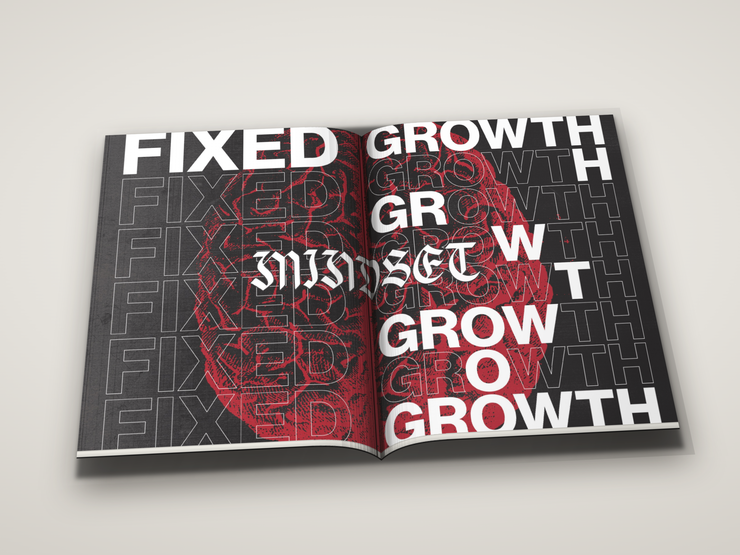 Open book with black and red abstract art and the words 'FIXED GROWTH' repeated across the pages.