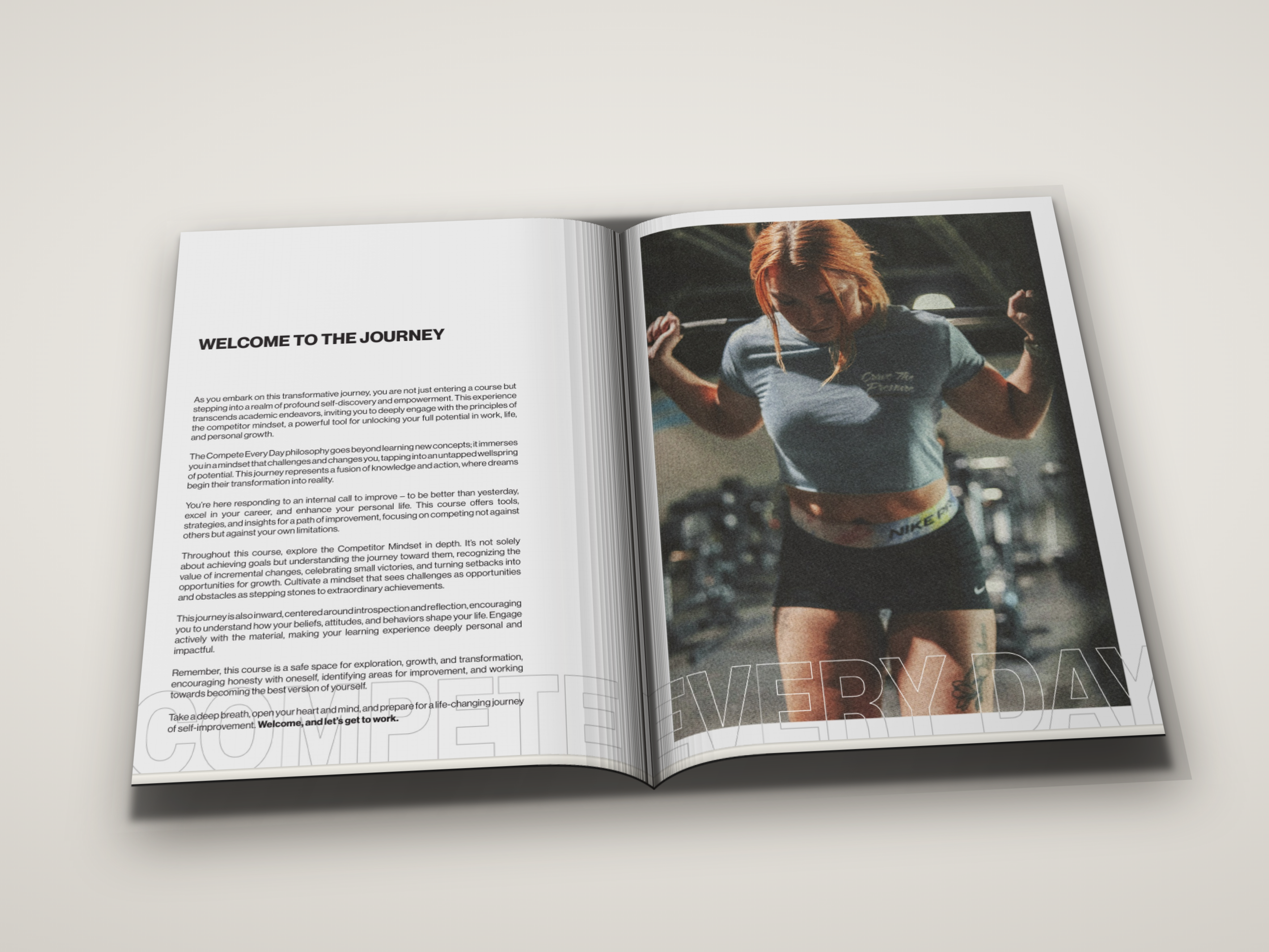 Open magazine with a motivational article titled "Welcome to the Journey" on the left page and a photo of a woman with orange hair in athletic wear on the right page.