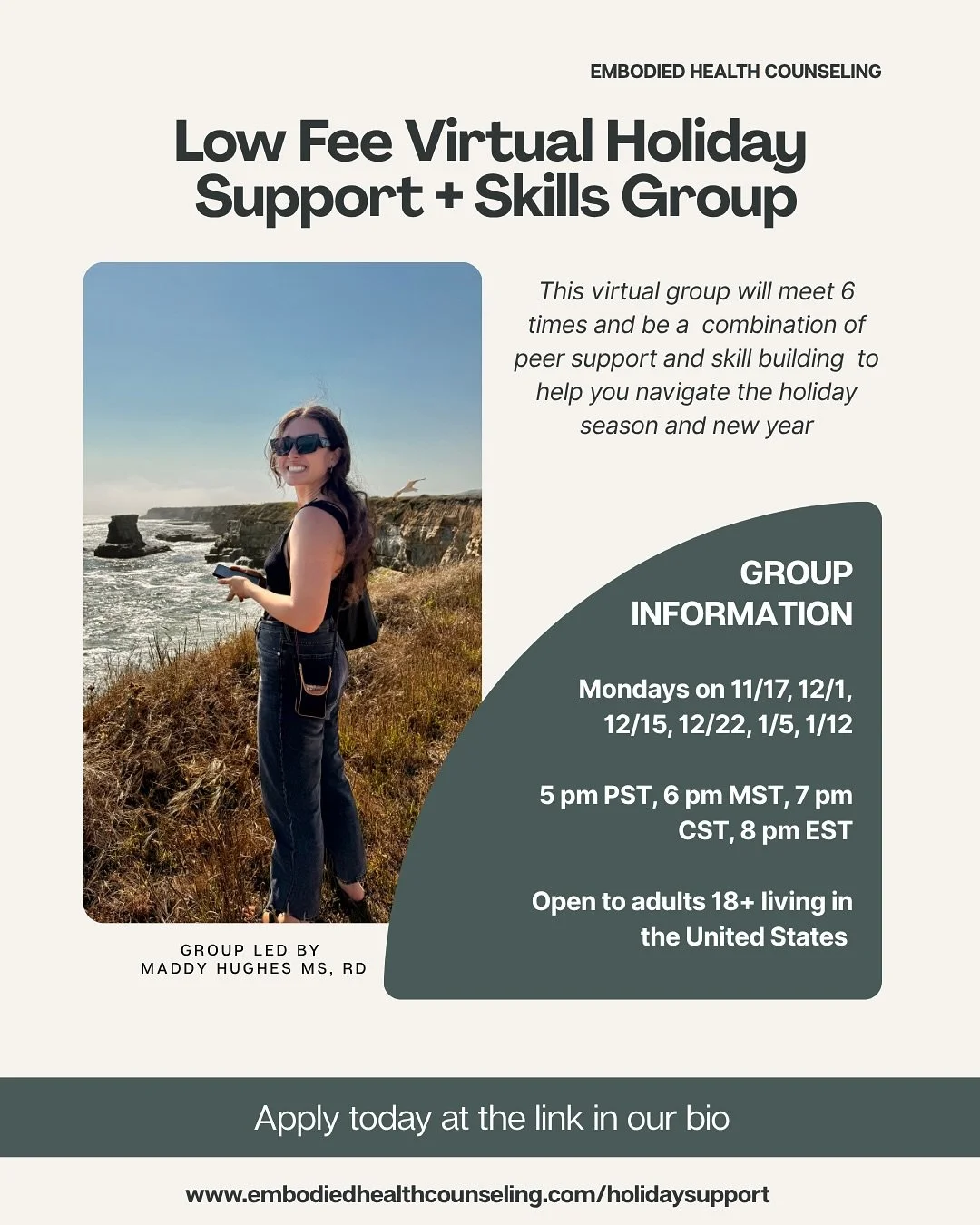 The current state of our world + the holidays is a combination that can feel so heavy right now. Our team is offering a new VIRTUAL skills + peer support group this holiday season to create a safe space to get support around food, movement and body i