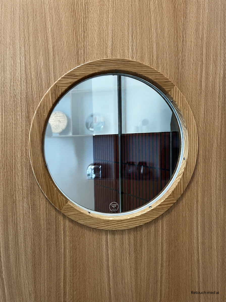 Foodlab venue. Round porthole window in oak door, Oluf Brønnum food lab venue and showroom