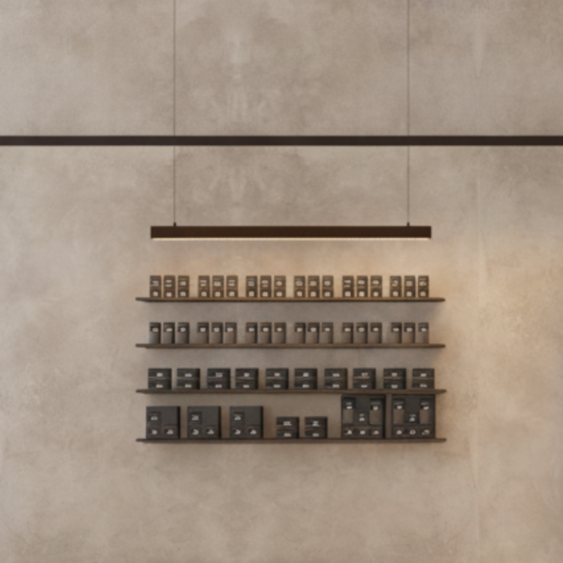 New store design.Wall-mounted product shelving series, Lakrids by Bülow store