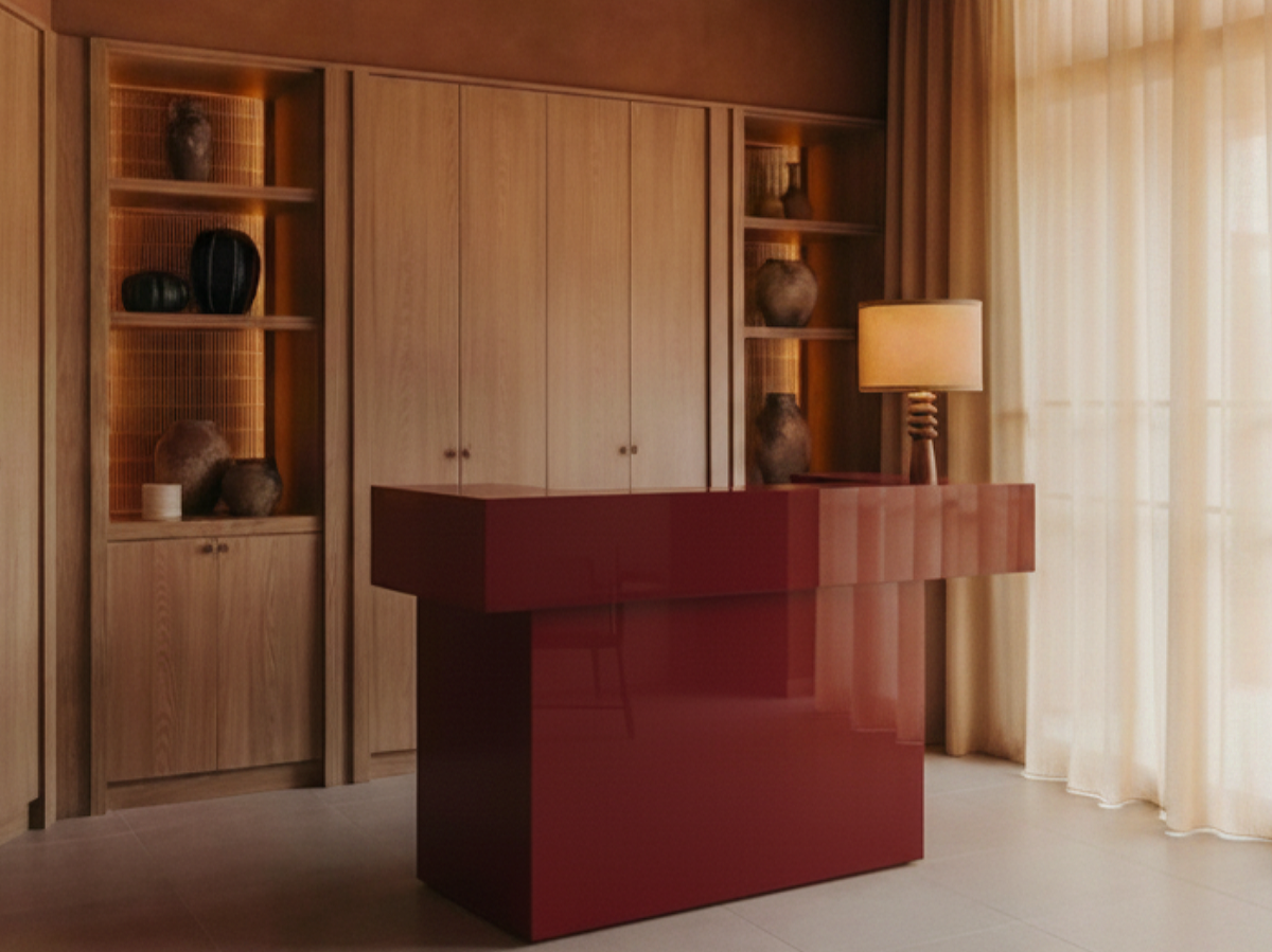Red lacquered reception desk, Copenhagen project
