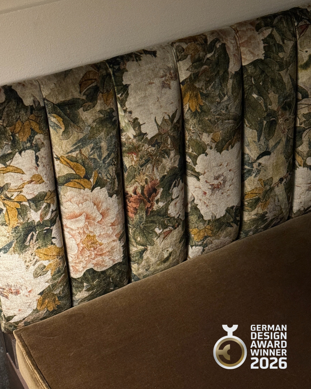 Custom floral-upholstered vault sofa, Kjær & Sommerfeldt wine store and bar, Copenhagen