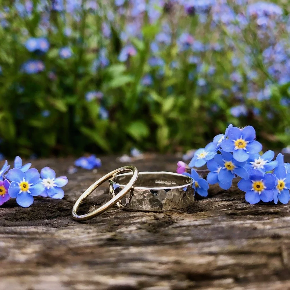 hammered flat 9ct white gold and halo 18ct wedding rings