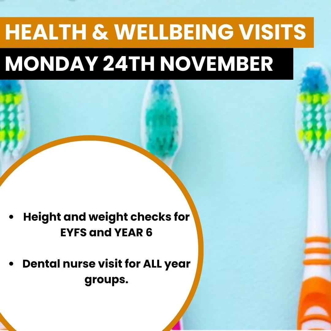 A quick reminder for parents and carers 🌟

On Monday we have our scheduled health and wellbeing visits taking place in school, including height and weight checks for EYFS and Year 6, as well as a visit from the dental nurse for all year groups.

No 