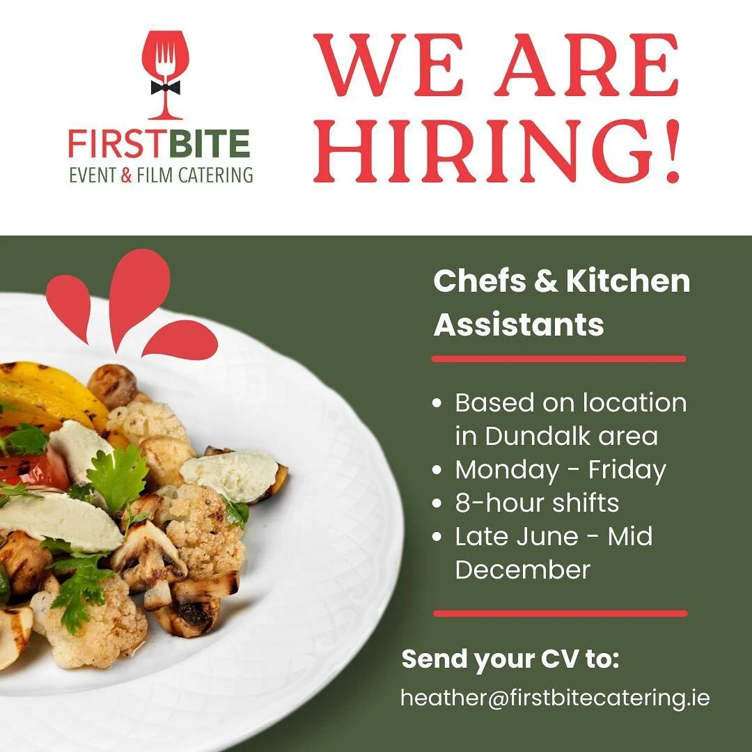 We&rsquo;re hiring! First Bite Catering is a growing film and event catering company looking to hire chefs and kitchen assistants on a flexible basis to join our fun and friendly team.

Hours of work are Monday to Friday, 8 hours per shift. Hourly ra