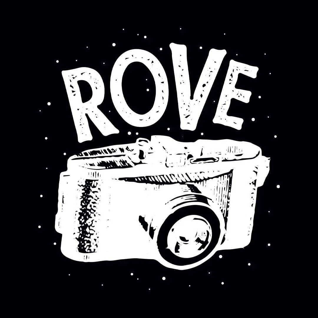 Vintage camera illustration with the text 'ROVE' above it, on a black background.