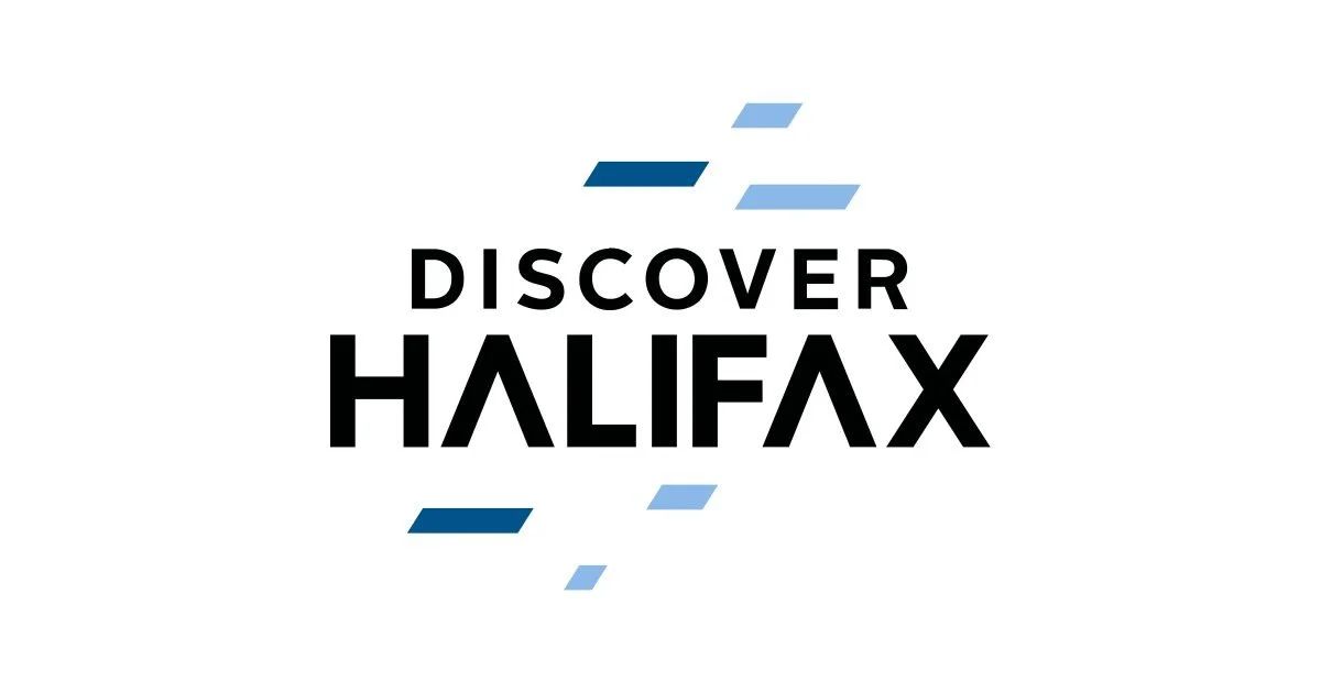 Discover Halifax logo with blue geometric shapes on white background.