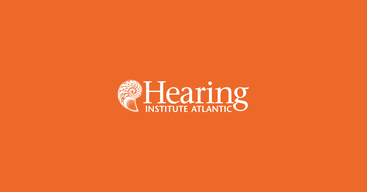 Logo of Hearing Institute Atlantic with a nautilus shell, on an orange background.