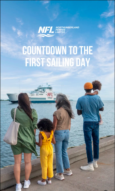 People watching a ferry with "NFL" logo and "Countdown to the First Sailing Day" text.