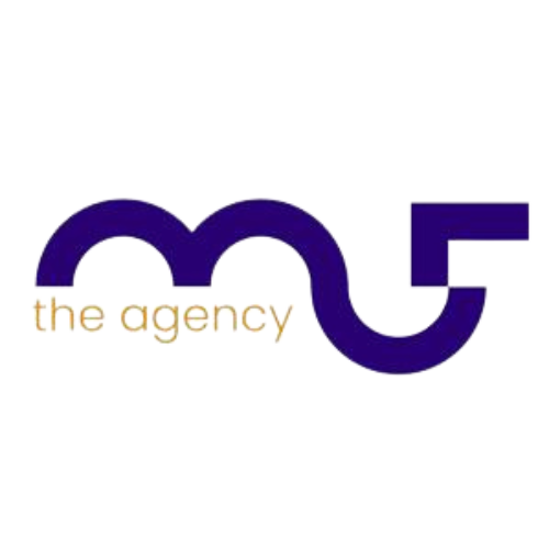 Logo with stylized purple "m5" and "the agency" text in gold