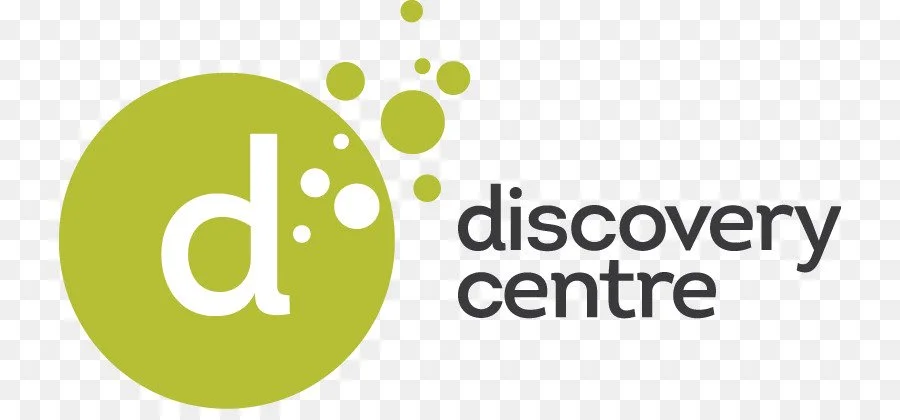 Green circle with letter 'd' and bubbles, next to text 'discovery centre'