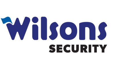 Wilsons Security logo with blue text and a small wave design above the letter 'W'."