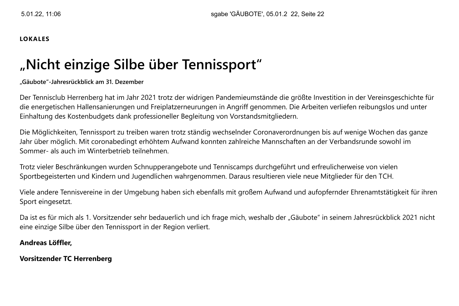 Leserbrief Gäubote vom 05.01.2022