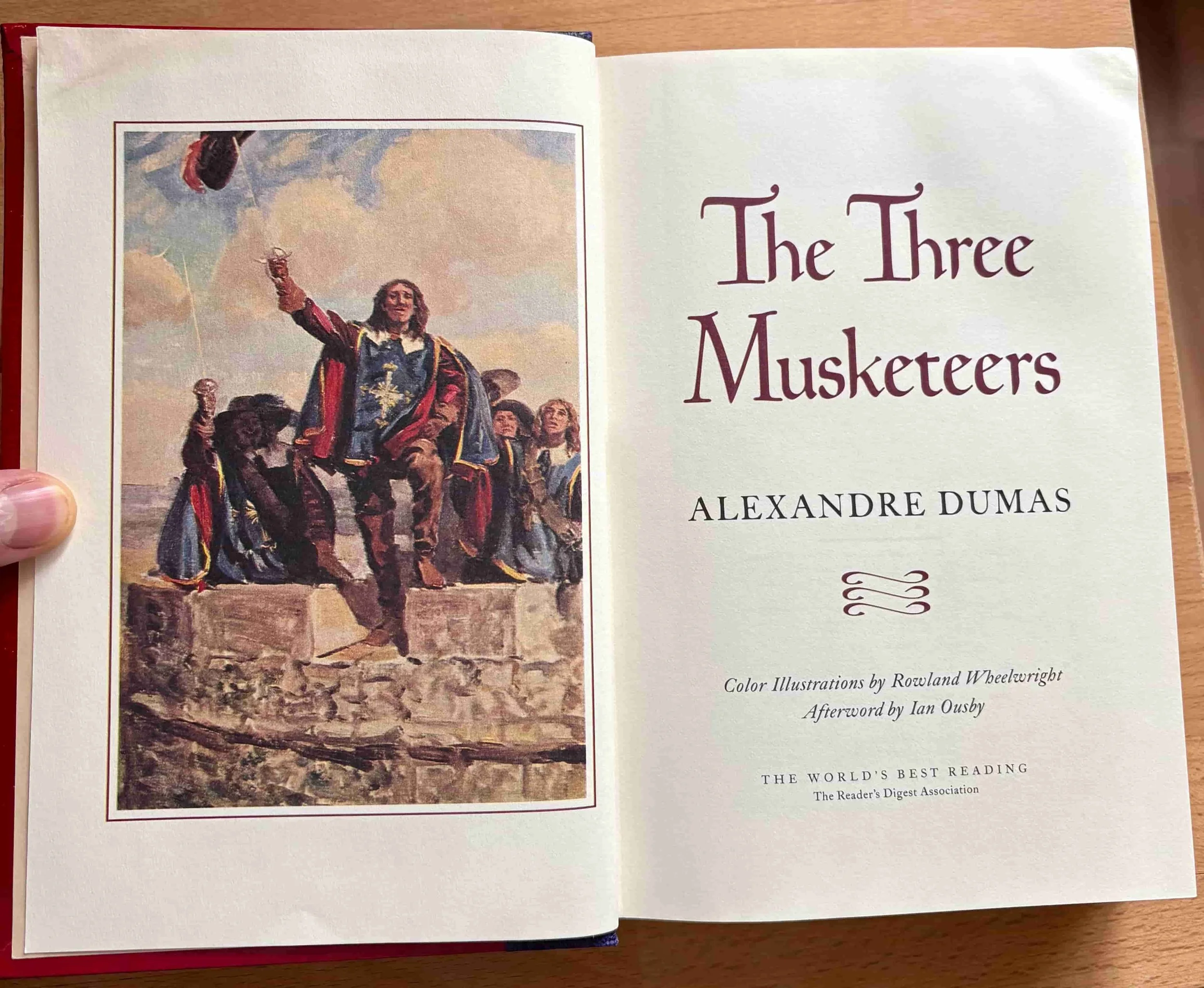 Illustrated image of the Three Musketeers Athos waving his hat in salute from the library of His and Hers Book Club