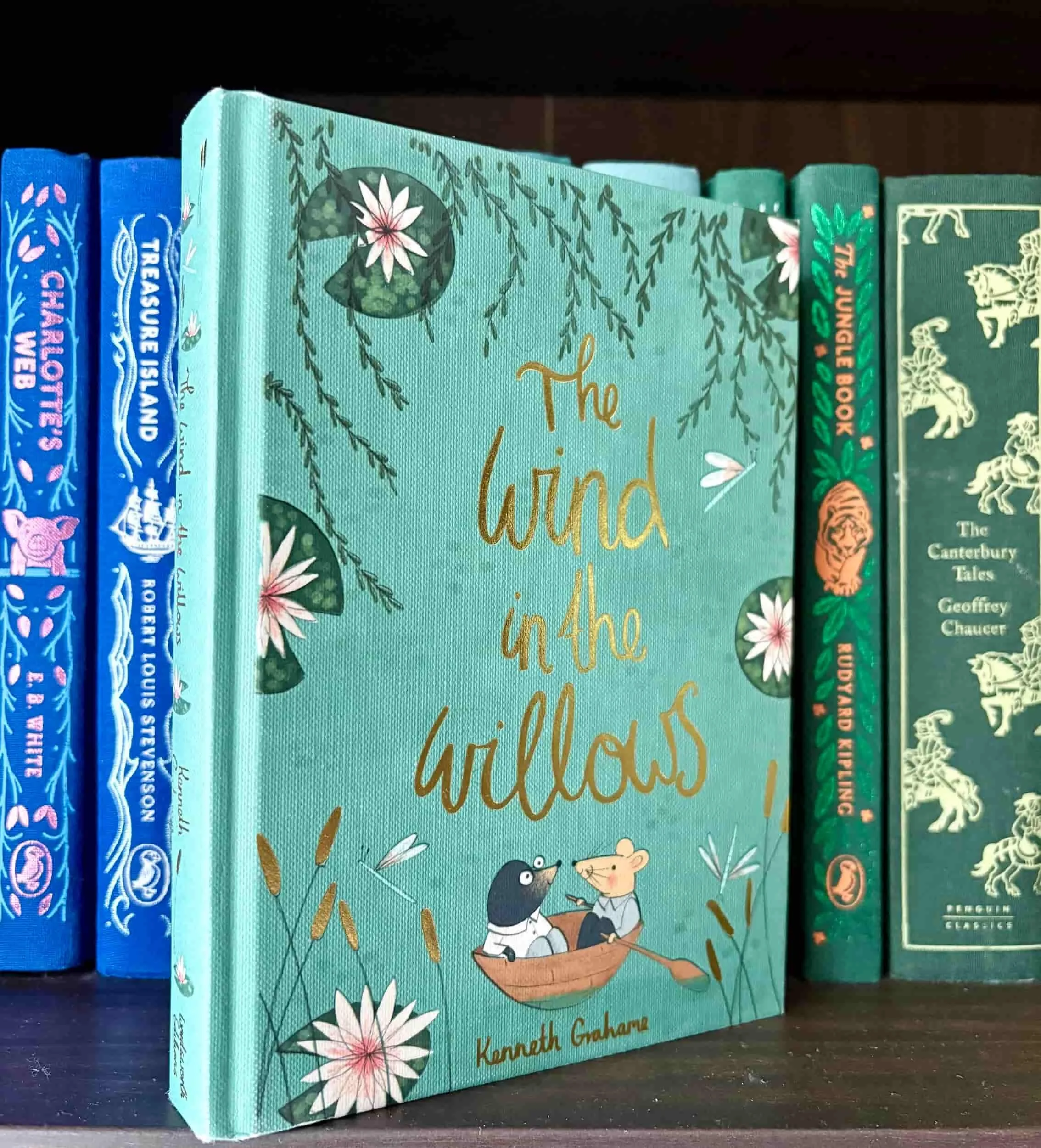 Clothbound cover of The Wind in the Willows showing Mole and Ratty in a boat.