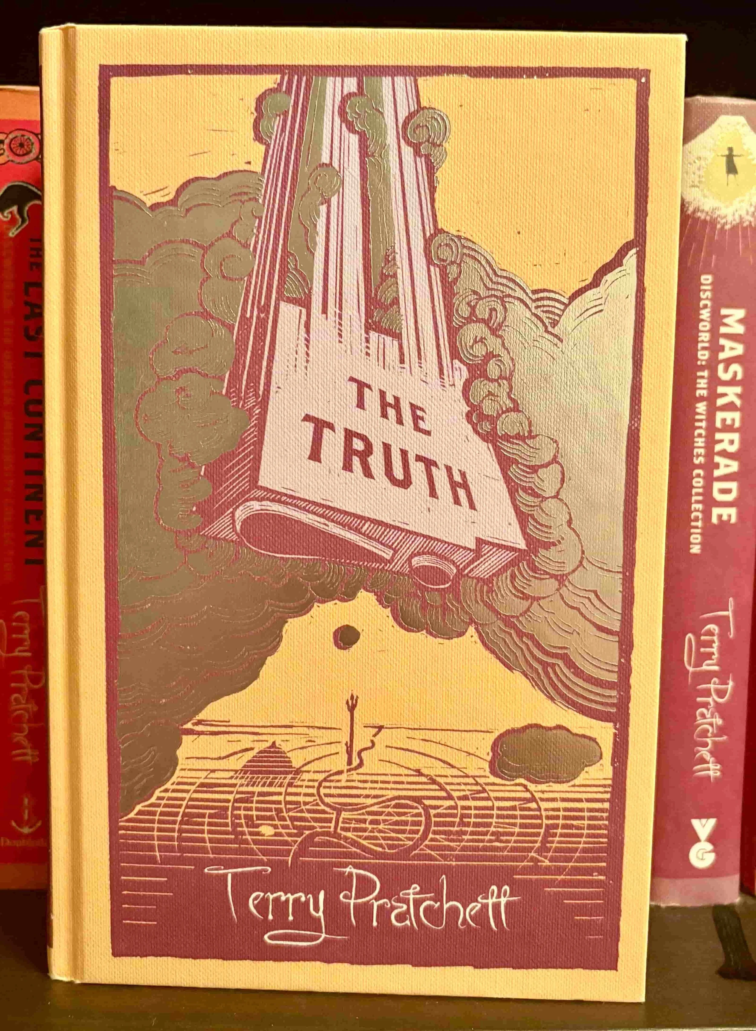 The yellow cover of The Truth by Terry Pratchett, illustrating the industrial revolution of the printing press.