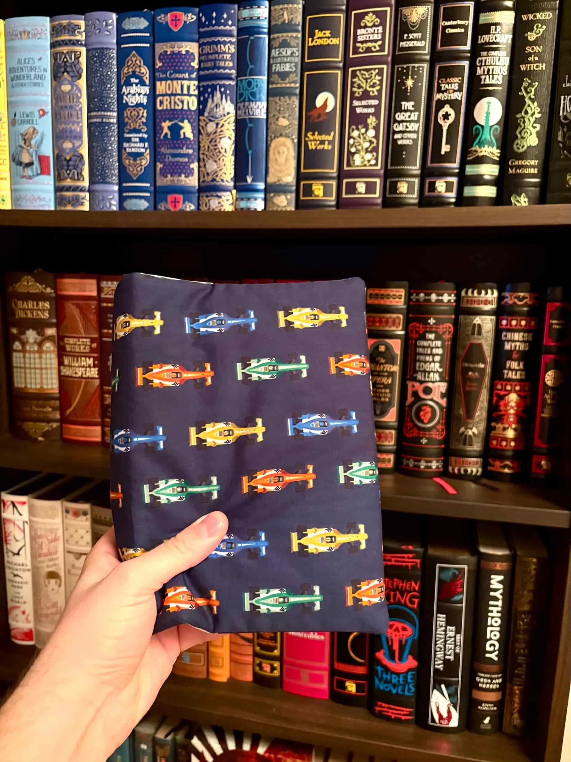 A paperback book inside a fabric sleeve to protect the cover and pages while traveling.