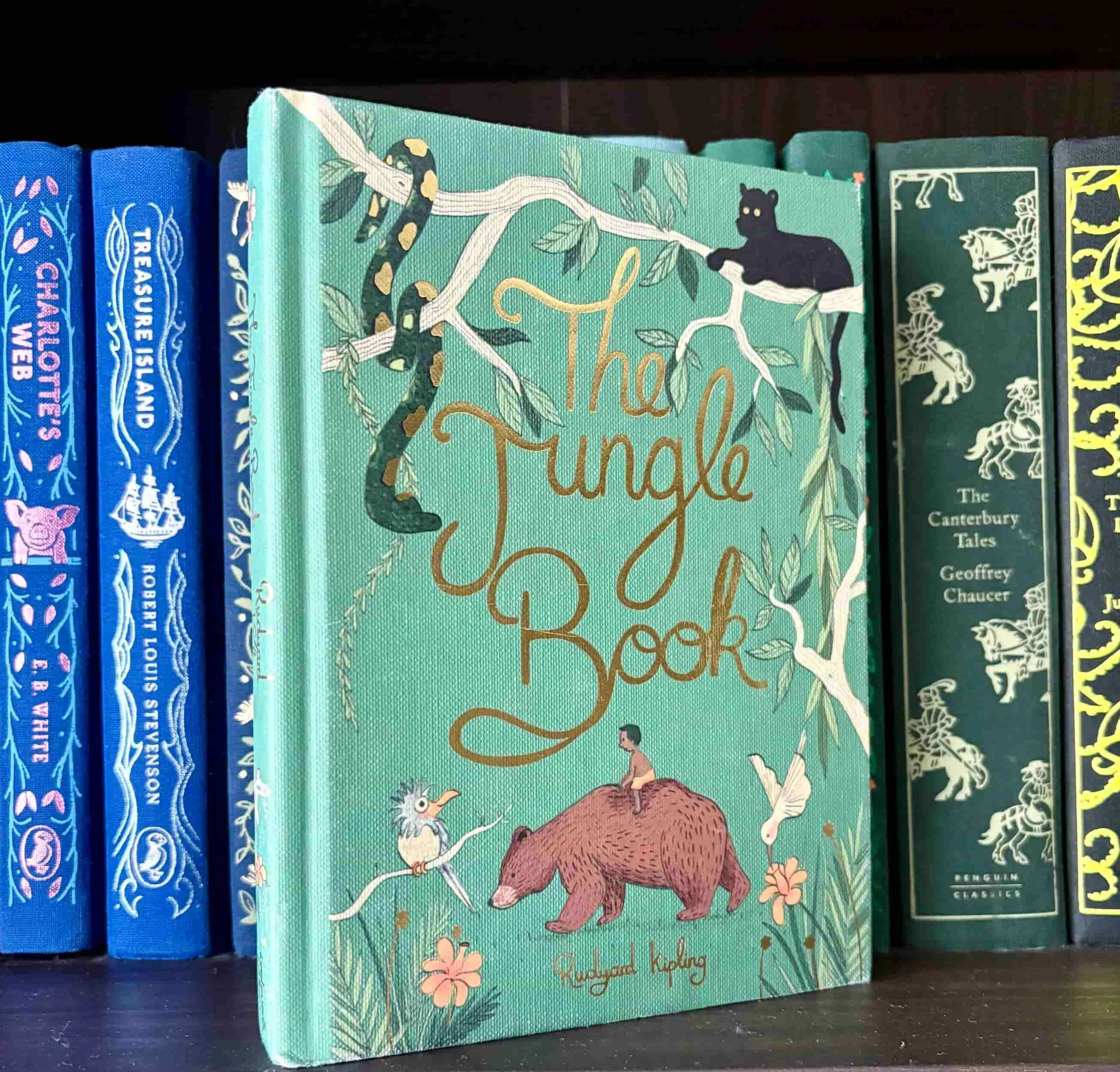 The Jungle Book by Rudyard Kipling classic edition sitting on a nursery bookshelf.