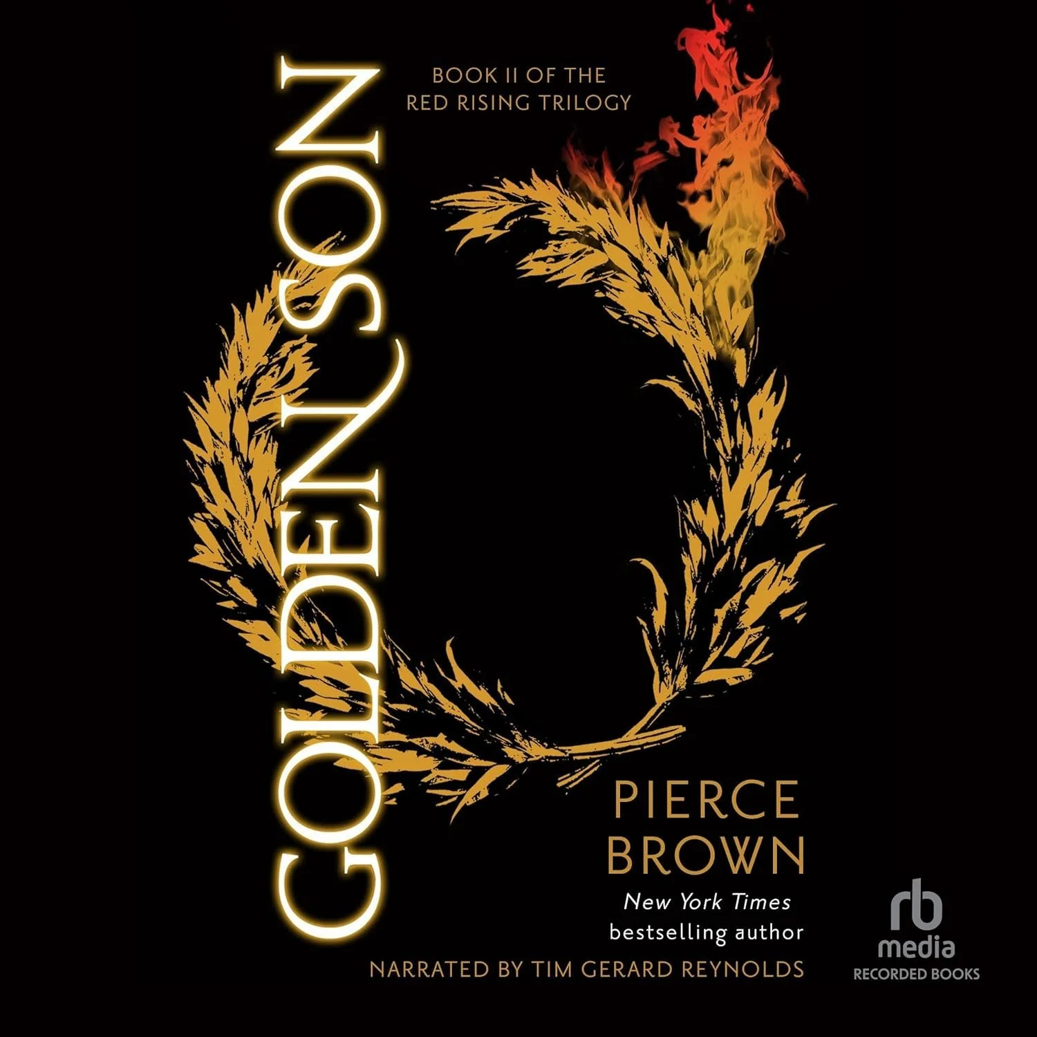 Cover image of Golden Son by Pierce Brown, the second book in the Red Rising book series, featuring a golden lauren on a black background