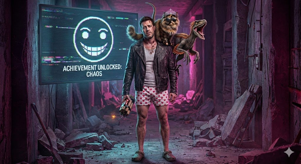 Image for Dungeon Crawler Carl - carl looking exhausted holding an explosive with Princess Donut on his shoulder wearing her trademark sunglasses and tiara, with the AI in the background smiling evil and saying "achievement unlocked: chaos"