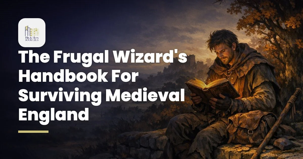 A cloaked traveler reads a glowing tome on a mossy wall at dusk, with a misty medieval castle silhouetted on the right horizon.