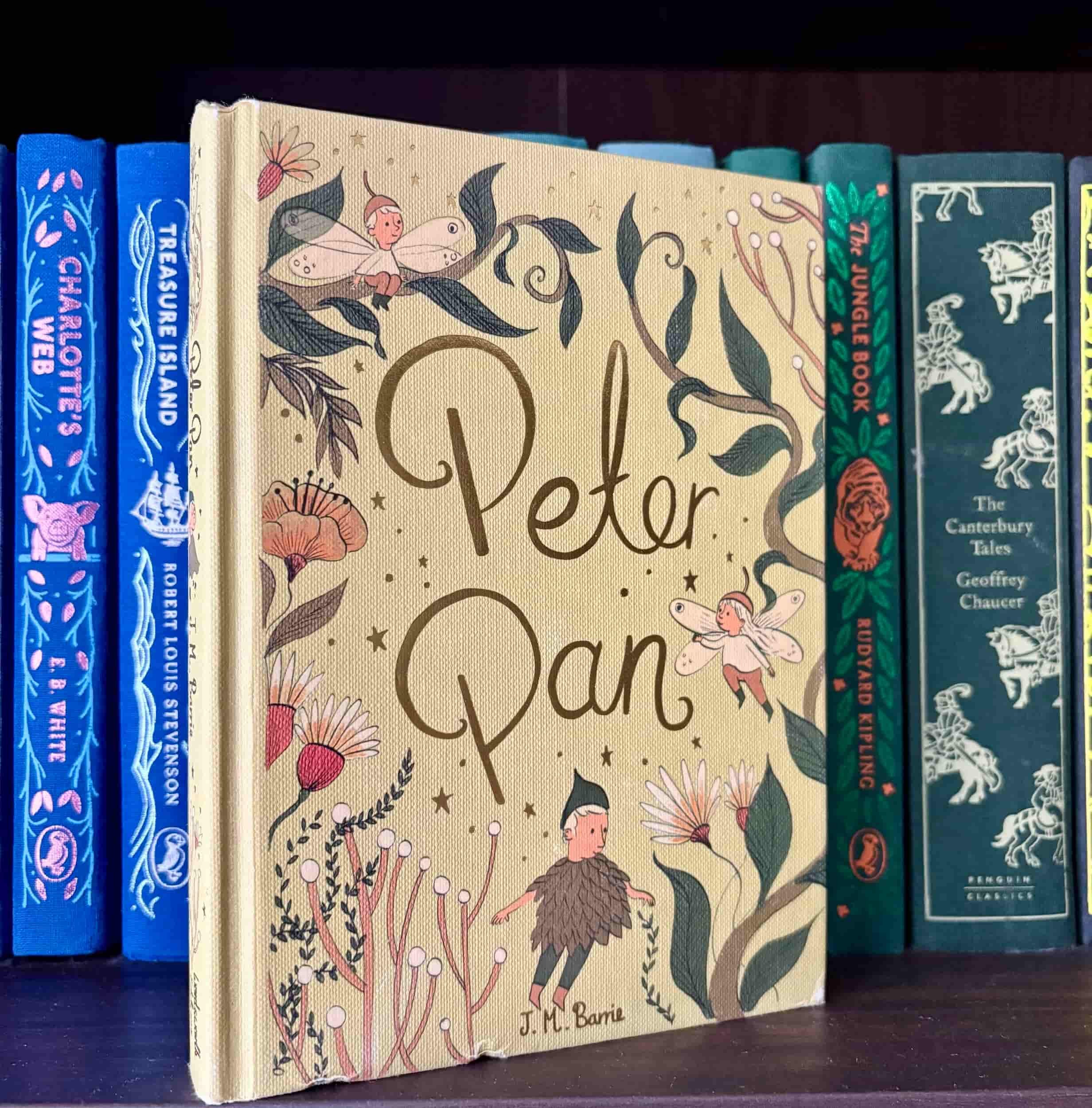 Vintage style cover of Peter Pan classic children's book with illustration of flying children.