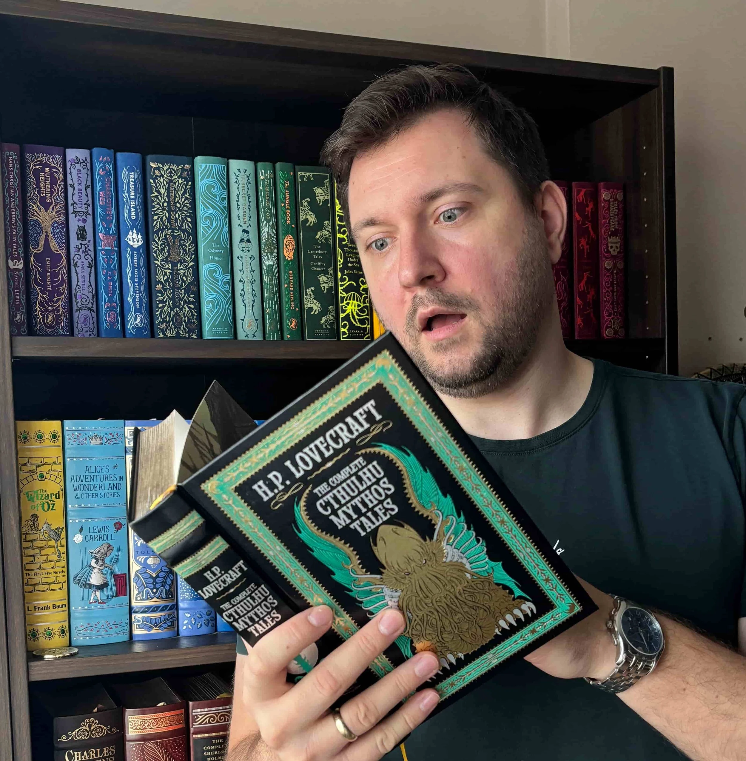 Alex Nikolov of His and Hers Book Club reading the leatherbound edition of the Cthulhu Mythos Tales by H P Lovecraft 2026