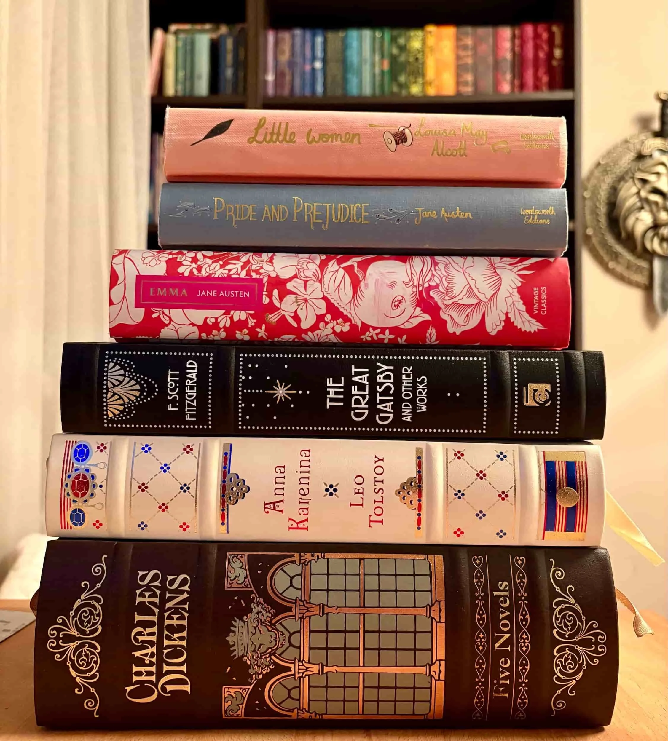 Classic romance and society drama books including Pride and Prejudice, Great Expectations, and Little Women.