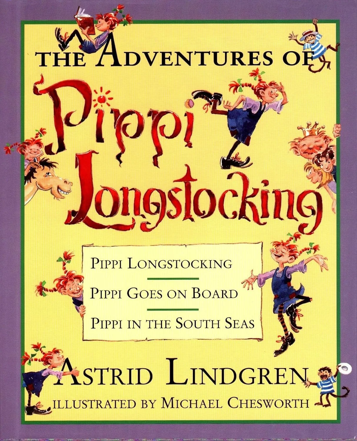 Brightly colored cover of Pippi Longstocking book showing Pippi and hers friends playing around