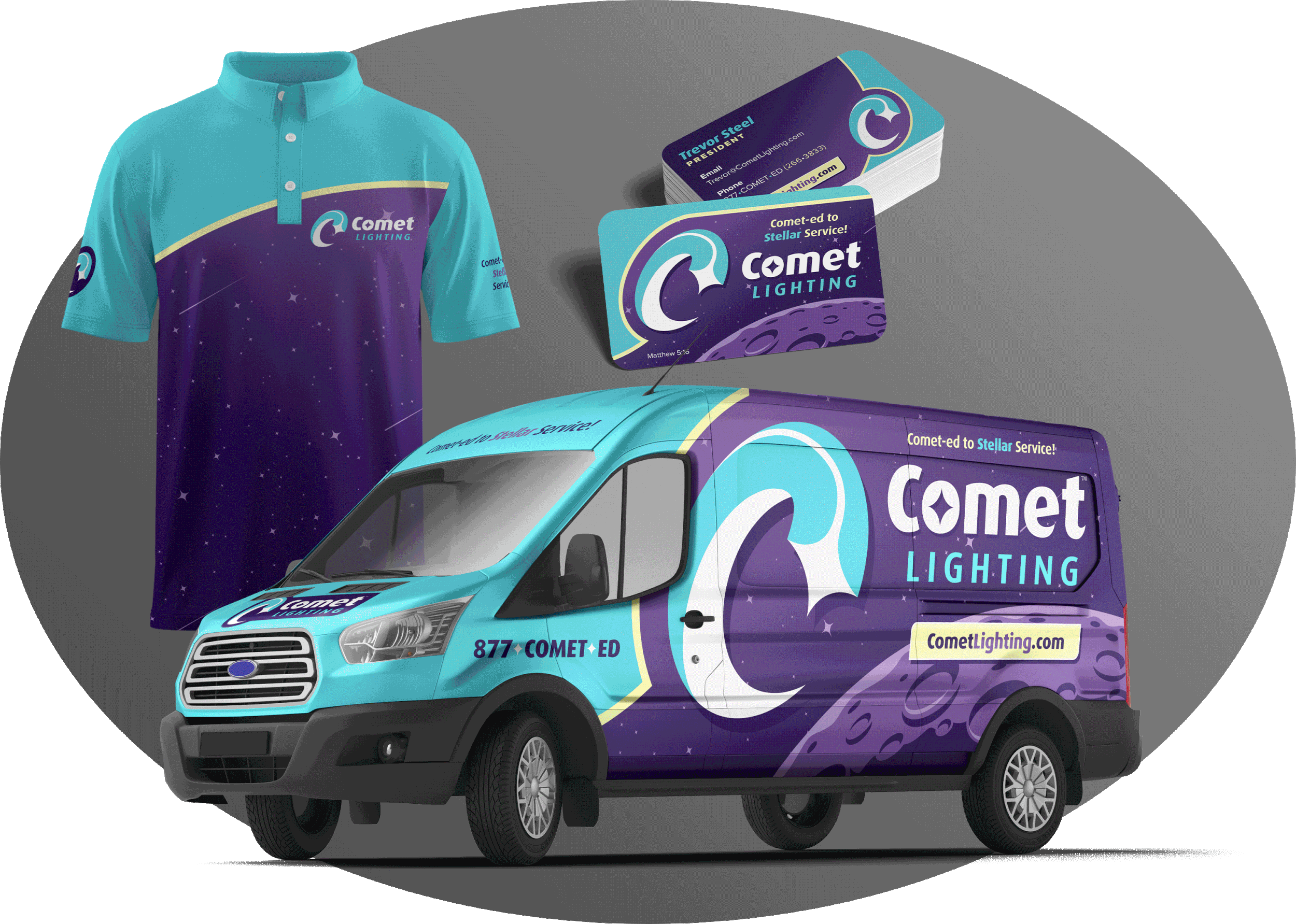 Home Service Company vans, uniforms, and business cards