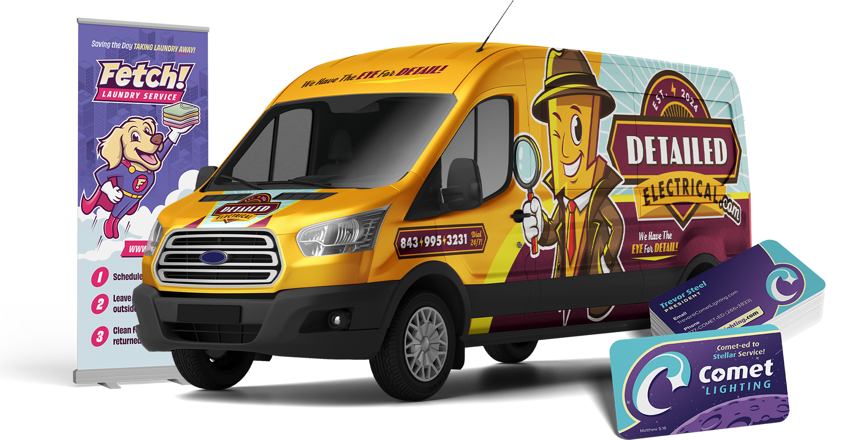 Fetch! Laundry Service retractable banner, Detailed Electrical van wrap, Comet Lighting business cards