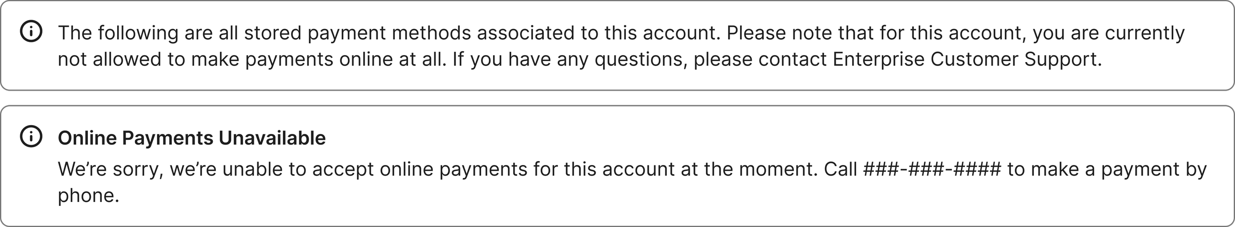 Message indicating that all stored payment methods are recorded but online payments are unavailable and instructing to call a specified phone number for payment.