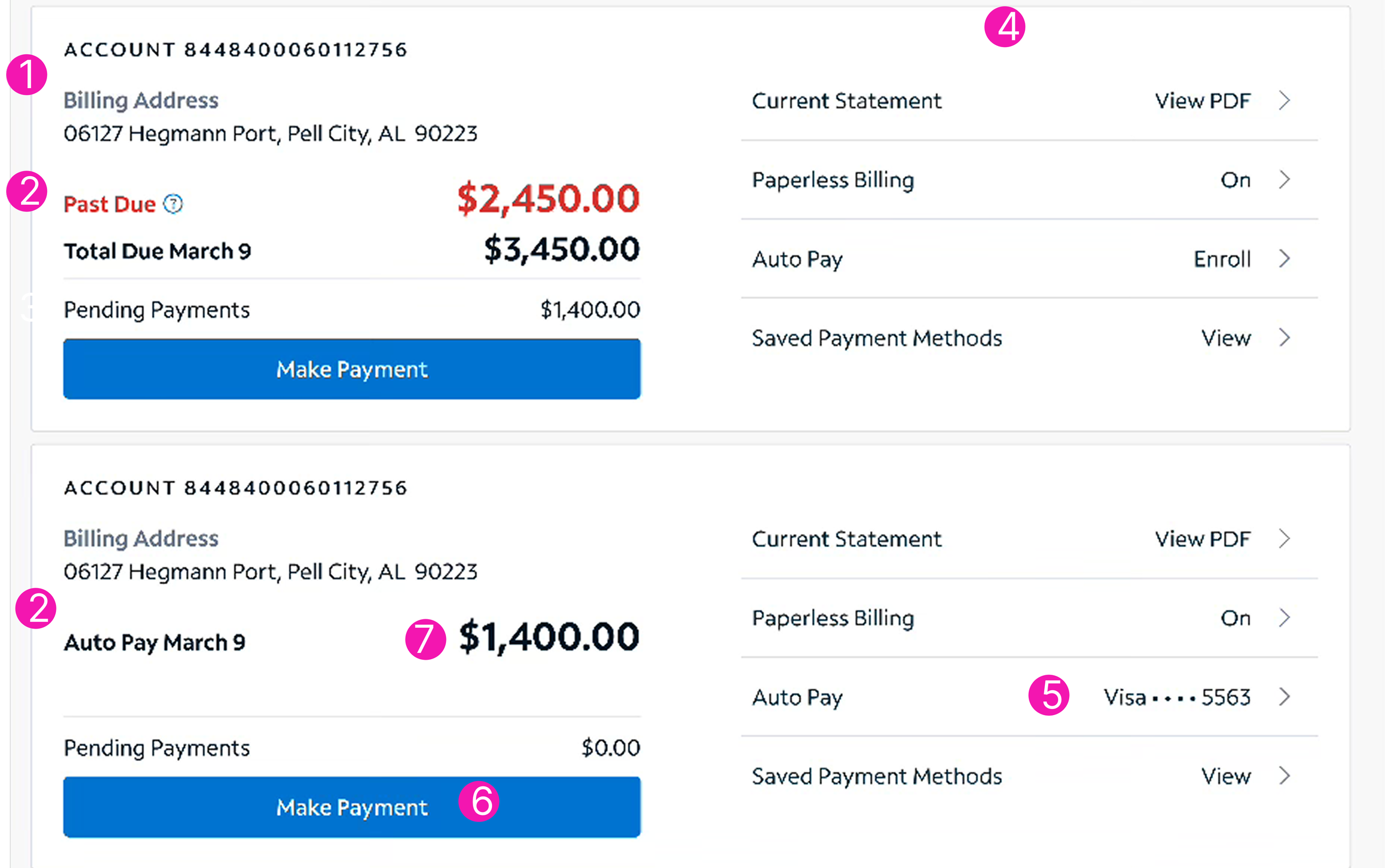 Online billing statements showing account number, billing address, past due amount in red, total due amount, pending payments, and options for making payments and viewing payment methods. The top bill shows a past due balance of $2,450, with a total due of $3,450, and the bottom bill shows a total due of $1,400 with no pending payments. Payment method icons include Enroll and View options.