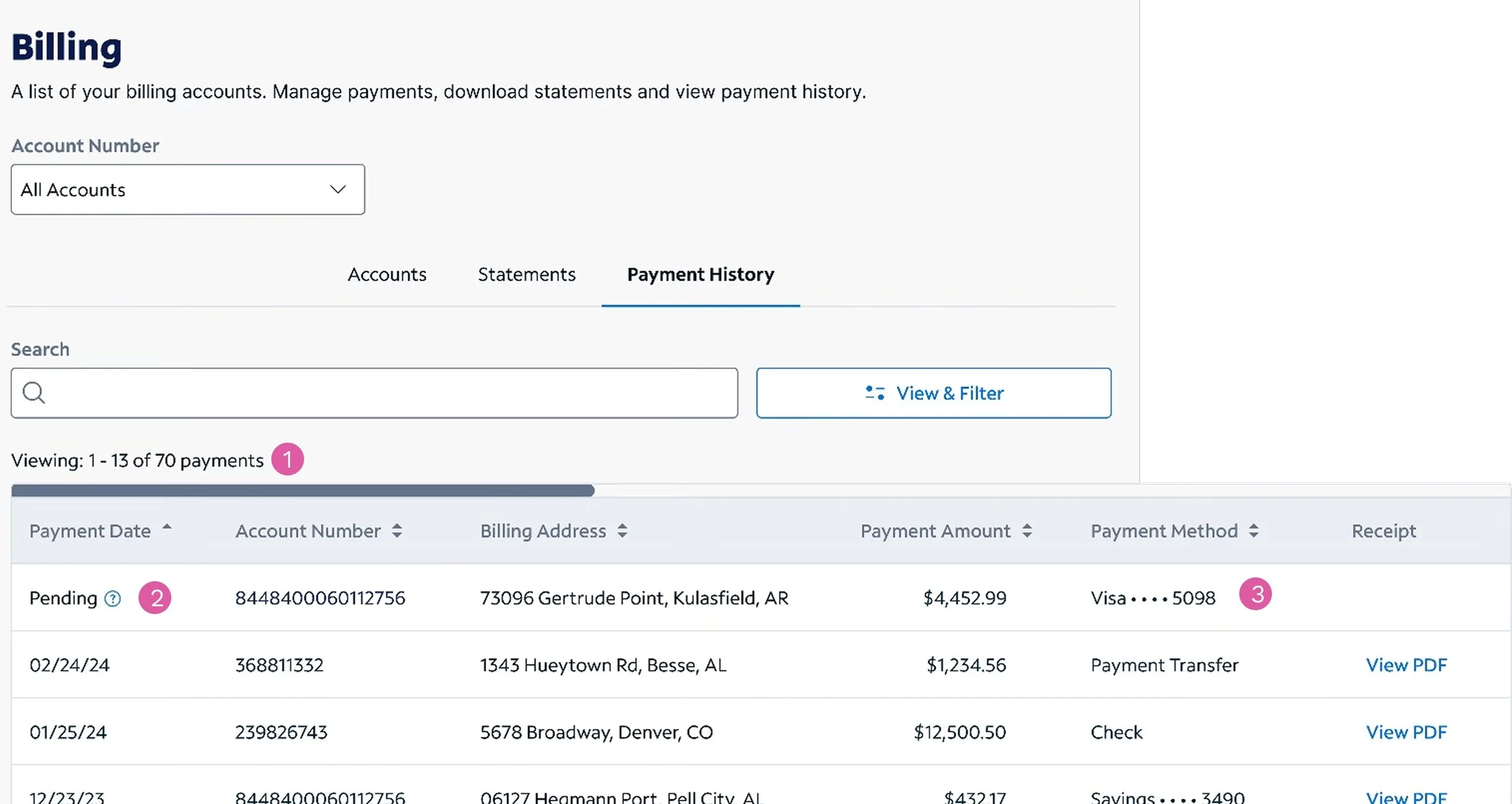 Online banking account payment history page showing pending and completed payments, with details such as payment date, account number, billing address, amount, method, and receipt links.