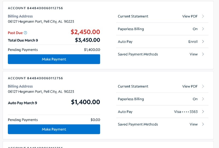 Online bank account statements showing unpaid past due bill of $2,450 and upcoming auto payment of $1,400.