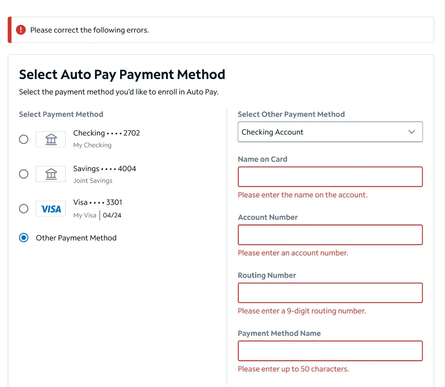 Online bill payment form with error message in red, prompting to correct errors, including fields for payment method, account details, routing number, and payment name.