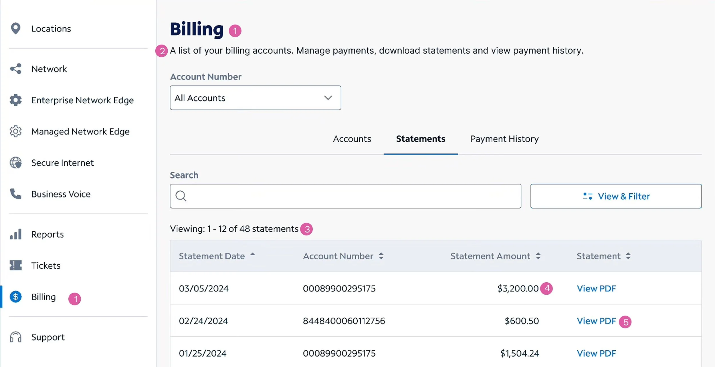 Screenshot of an online billing account interface showing account statements, navigation menu on the left, and billing details including dates, account numbers, amounts, and links to PDFs.